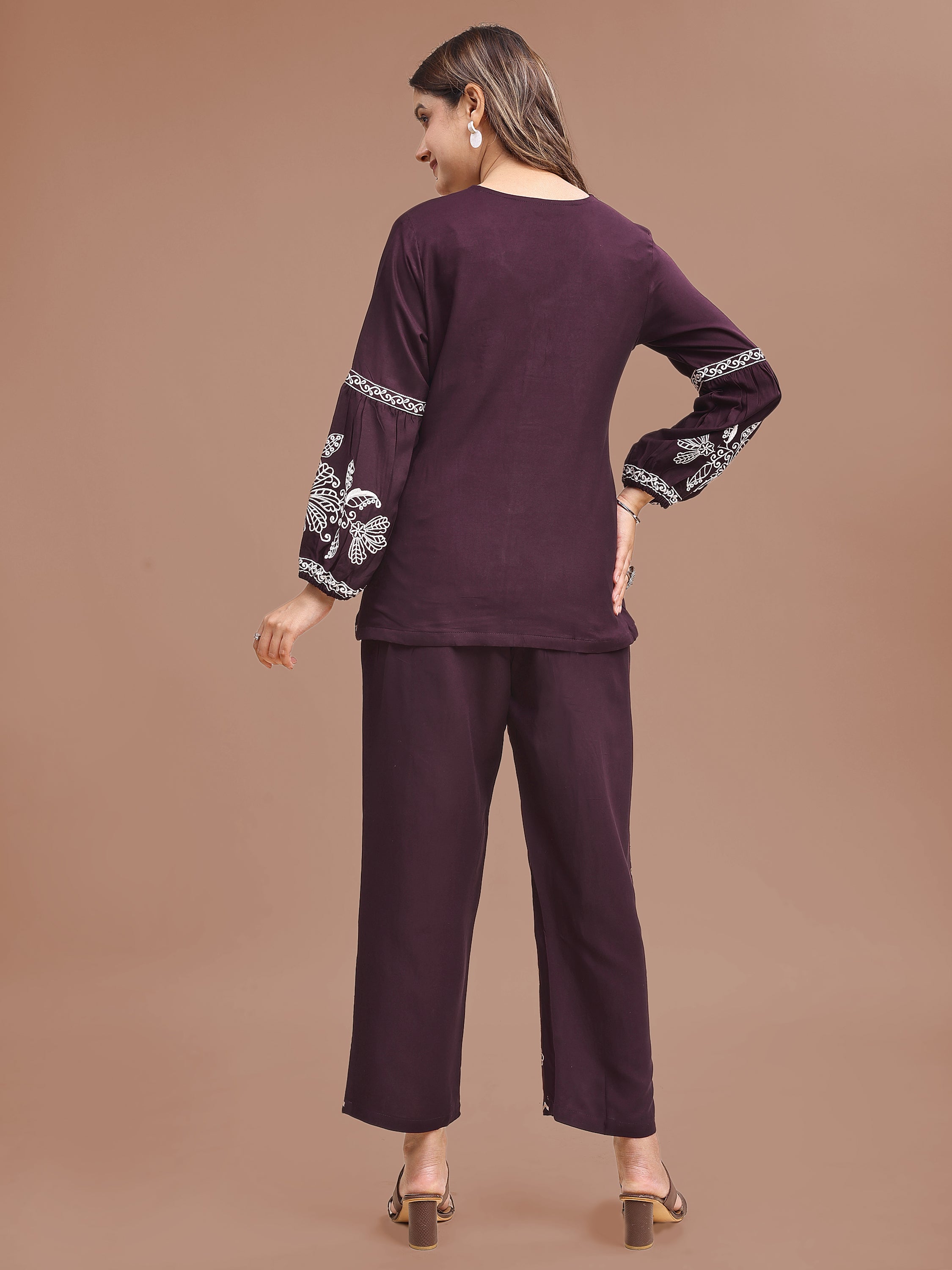 Dark Purple Colored Rayon With White Thread Embroidered Tunic & Trouser Co-ord Set